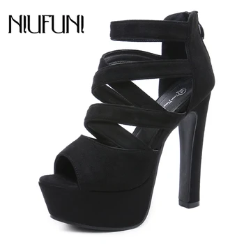 NIUFUNI жените велур с отворени пръсти кръст джапанки, сандали на платформа секси ултра високи черни токчета за дамски обувки каишка на глезена рокля помпа 0