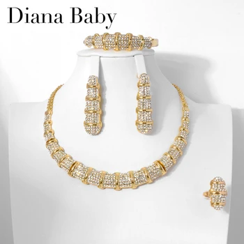 Diana Baby Сватбен Комплект Бижута Качествен Рекламен 14К Златен Цвят Кристал Колие Обици Женски Празник Незабравим Подарък
