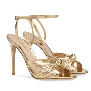 Летни златни сандали на висок ток с тънка тъкани колан голям размер и катарама от изкуствена кожа на висок ток, универсални модни дамски сандали