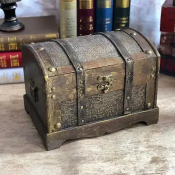 Дървен Ретро Пиратския сандък със съкровища, банковата Декоративна кутия с ключалка, Монета, кутия за съхранение на банкноти, детски подарък, малка кутия с парола