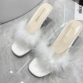 Нови Летни Пухкави Пикантен дамски обувки на висок ток с отворени пръсти и кожа, дамски Модни Слипоны с пера, 2022 г., Домашни чехли Ytmtloy