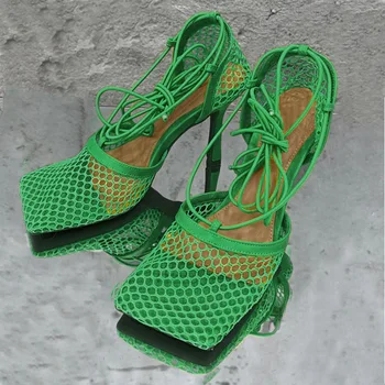 2022 Дамски Летни Сандали На висок ток 10 cm, дамски Ежедневни римски Сандали с квадратни пръсти и Преминаването Пръсти, жълто-зелени мрежести Обувки с Каишка