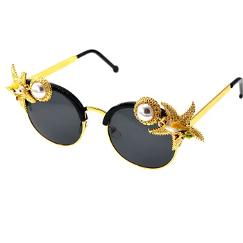 Ръчна изработка в стил Барок Ретро Планински Кристал Пет Звезди Слънчеви Очила за Жени, Маркови Дамски Слънчеви Очила Перлени Очила Oculos De Sol Feminino