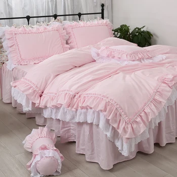 Невероятно луксозен комплект спално бельо розово queen size с бродерия и рюшами, завързана двоен чаршаф, пола принцеса, Топло калъфка HM-17P