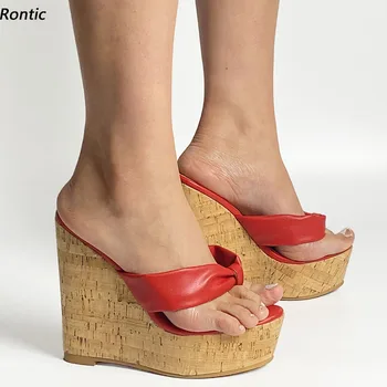 Rontic/Дамски Сандали-чехли Ръчна изработка на платформата, удобни сандали на танкетке с отворени пръсти, Красива Червена Ежедневни Дамски Обувки, Размер САЩ 5-20