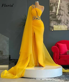 Арабски Жълти Рокли на Знаменитости С Цветя На Едното Рамо, Рокли За Модно ревю Русалка, Дамски Дълги Вечерни Рокли рокля 2021