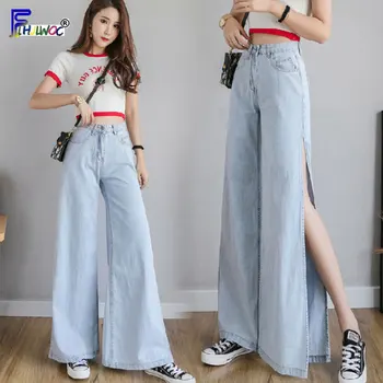 дамски Корейски Дизайнерски Дънкови Панталони с висока Талия за Момичета, светло сини дънки с широки штанинами, Панталони, панталони Flhjlwoc, Секси дънки с намаляване на 7216