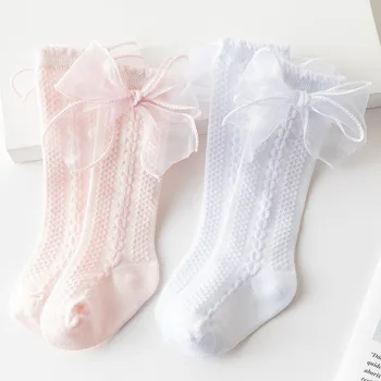 Летни Детски Чорапи с Цветен Модел и Голям Лък За Деца, Дълги Чорапи до Коляното За Момичета, Меки Памучни Чорапи За Деца, Чорапи Принцеси За Момичета 0-5 Години
