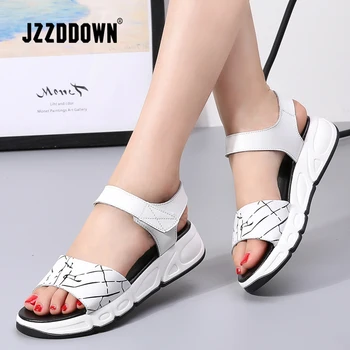 Дамски сандали на платформа, обувки от естествена Кожа, дамски бели Маратонки на равна подметка, Сандали, 2018 лятна Мода обувки с отворени пръсти