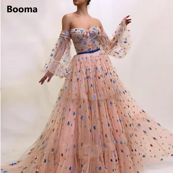 Booma Розови Рокли за Бала Трапецовидна форма с открити рамене и дълги Ръкави, плисе вечерни рокли от Тюл, вечерни рокли