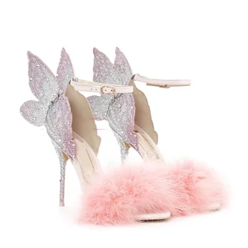 Abesire/Нови Дамски Сандали с Декорация във формата на пеперуда, Розово Лятна Дамски Обувки на Висок Ток с Меховыми бижута, Модни обувки на висок ток, zapatos mujer
