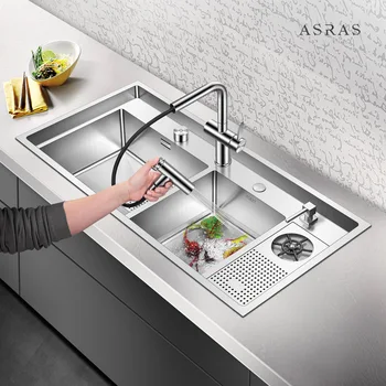 Asras 10050MD 304 луксозна кухненска мивка ръчно изработени, разбрызгиватель вода за размразяване с кран, аксесоари за източване, безплатна доставка