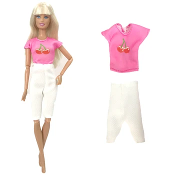 NK 1 бр., Нова Модни Дрехи за Кукли, Розова Риза с Шарени Плодове Череши + Бели Къси Панталони за Барби Кукли, Аксесоари 288B 4X