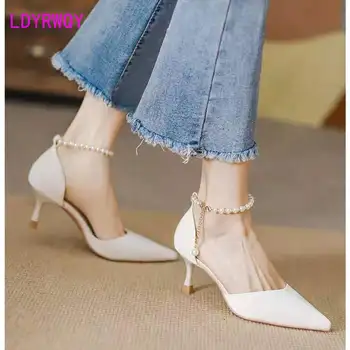 Дамски сандали с перлата чанта чорап, есен 2022, нова остроносая куха единичен обувки на висок тънък ток