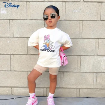 Тениска от 100% памук Disney Daisy Duck за малки момичета, Лятна Детска Hoody с анимационни герои, Ежедневни тениски с къс ръкав, Дрехи за деца 18 м-14 години