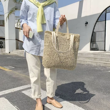 ежедневни сламени дамски чанти на рамо, плетени плетени чанти, лятна плажна чанта от ратан, голяма чанта голям-тоут, женски-големи портфейли, купувач, нов 2