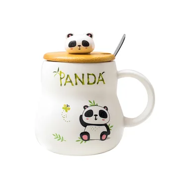 Скъпа керамична Чаша с изображение на панда от карикатура, 400 мл, С Капак и Лъжица, чаши за Кафе, Чаши за Чай с Мляко, Чаша За Закуска, Посуда за Напитки, Новост, Подаръци 2