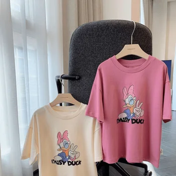 Тениска от 100% памук Disney Daisy Duck за малки момичета, Лятна Детска Hoody с анимационни герои, Ежедневни тениски с къс ръкав, Дрехи за деца 18 м-14 години 4